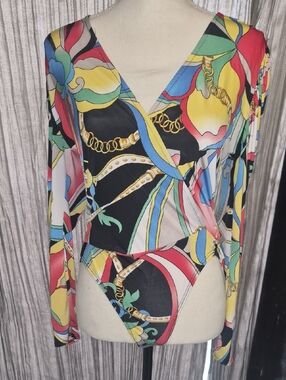 Vibrant Multicolor Chain Print Wrap Bodysuit Various Sizes Nwt